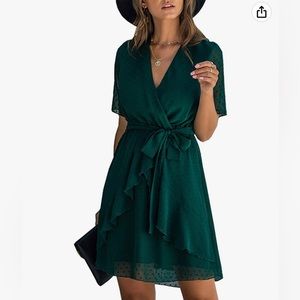 Green chiffon Swiss dot v-neck dress with belt
